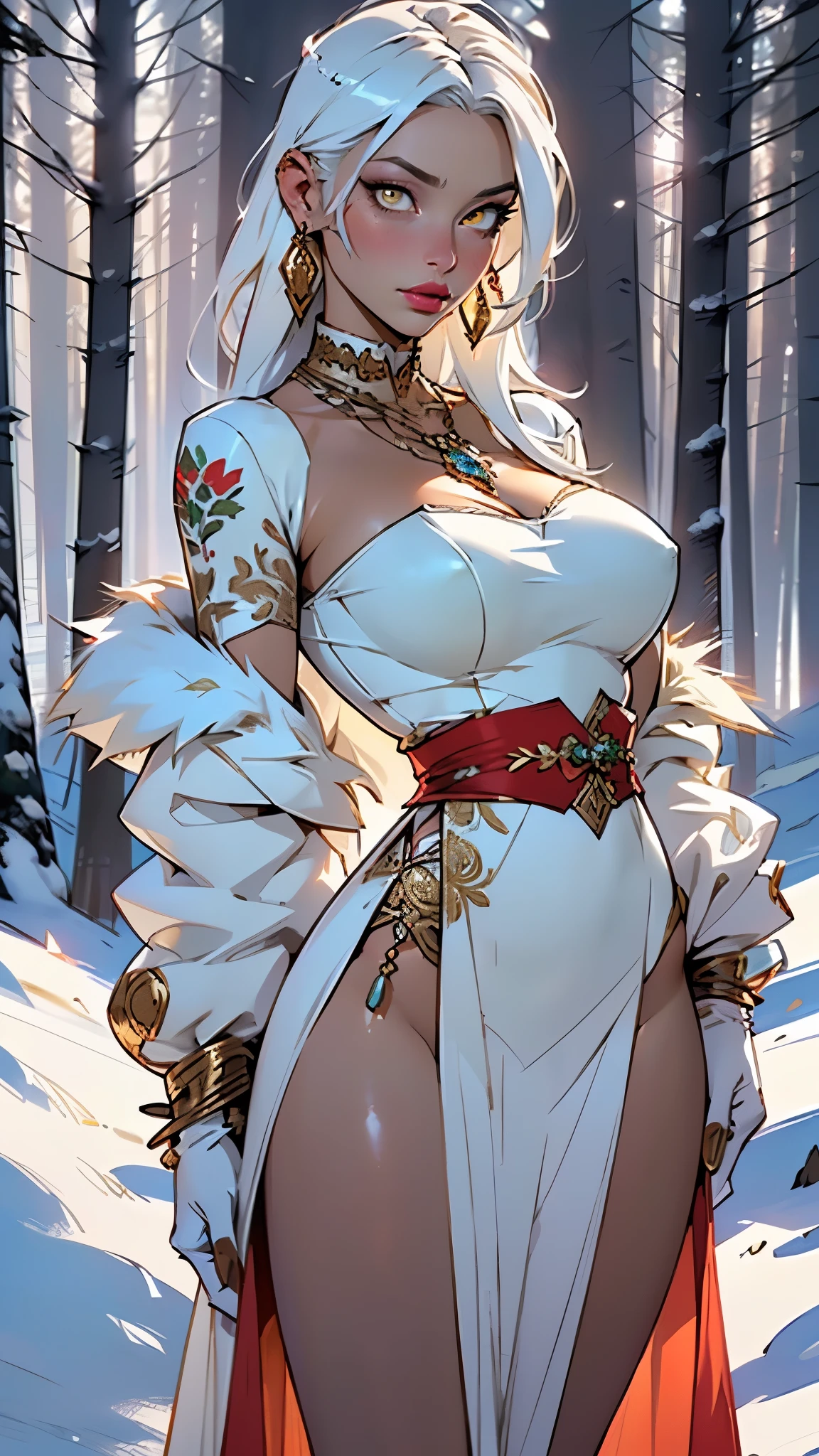 A woman in a white dress and red belt standing in the snow - SeaArt AI