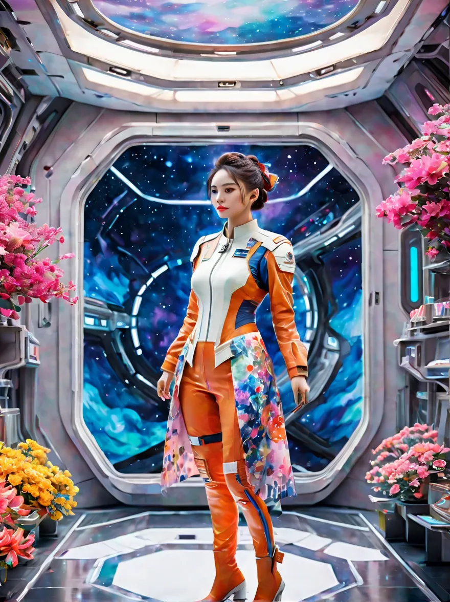 full-length portrait of a 24-year-old female starship captain，in a futuristic sci-fi scenario，highlighting her full body image a...