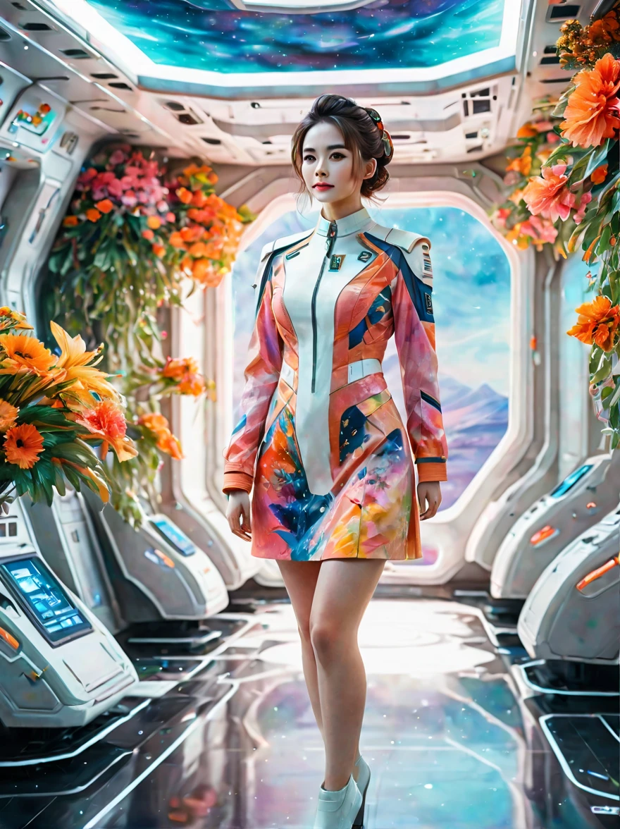 Full-length portrait of a 24-year-old female starship captain，In a futuristic sci-fi scenario，Highlighting her full body image and starship interior。she stands confidently，Captain dressed in futuristic sci-fi style，It is both fashionable and marks her class。her expression will be smiling、Calmness combined with a touch of cuteness，Make her instantly lovable。Background reveals the interior of the starship，Contains advanced technical controls、Screens and futuristic design elements，Enhanced science fiction theme。The scene should capture her leadership qualities and the advanced environment of the starship，Portraying her as a competent and admirable captain in the future world。, (floral watercolor painting:1.5)，(Super high saturation, bright and vivid colors:1.5), (nsfw), (Look at the audience head-on:1.5)