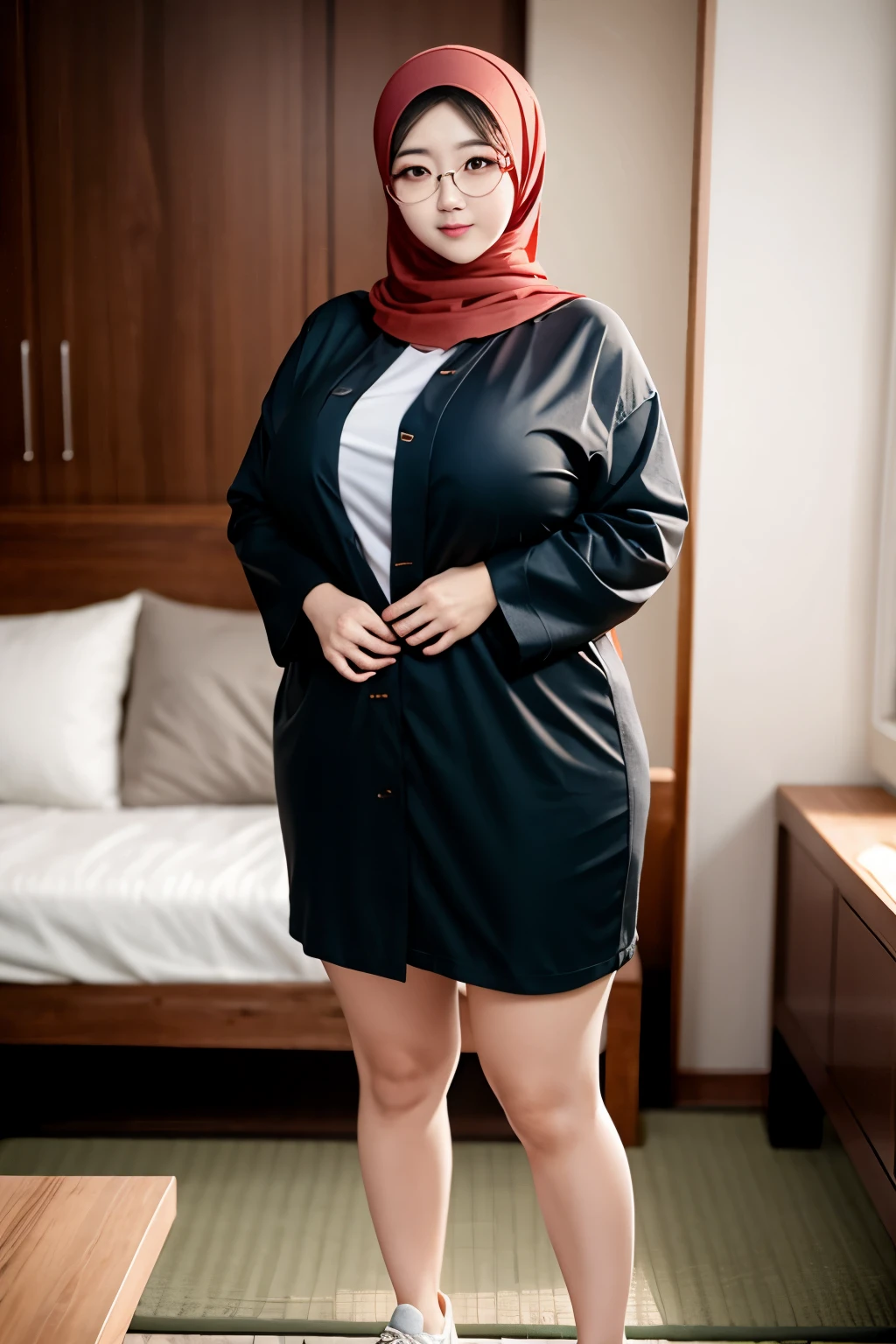 A woman in a black dress and a red hijab stands in a room - SeaArt AI