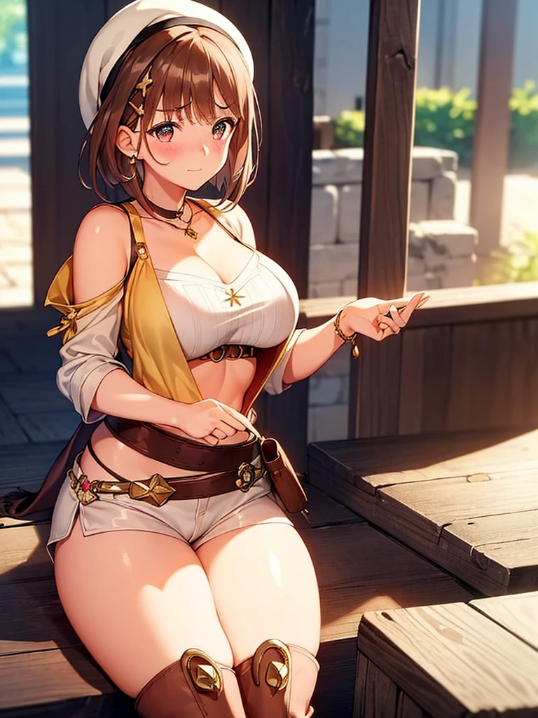 (seiza:1.3), ((blush:1.2)), 1 girl, riser, atelier, Alchemist, beret, short hair, (((white shirt))), (very short shorts:1.2), over the knee boots, thigh boots, looking at the viewer, big breasts, extremely thick thighs, embarrassing, shy, outdoor, Depth of written boundary, Curvaceous, adult woman, cowboy shot, Erotic positions, 