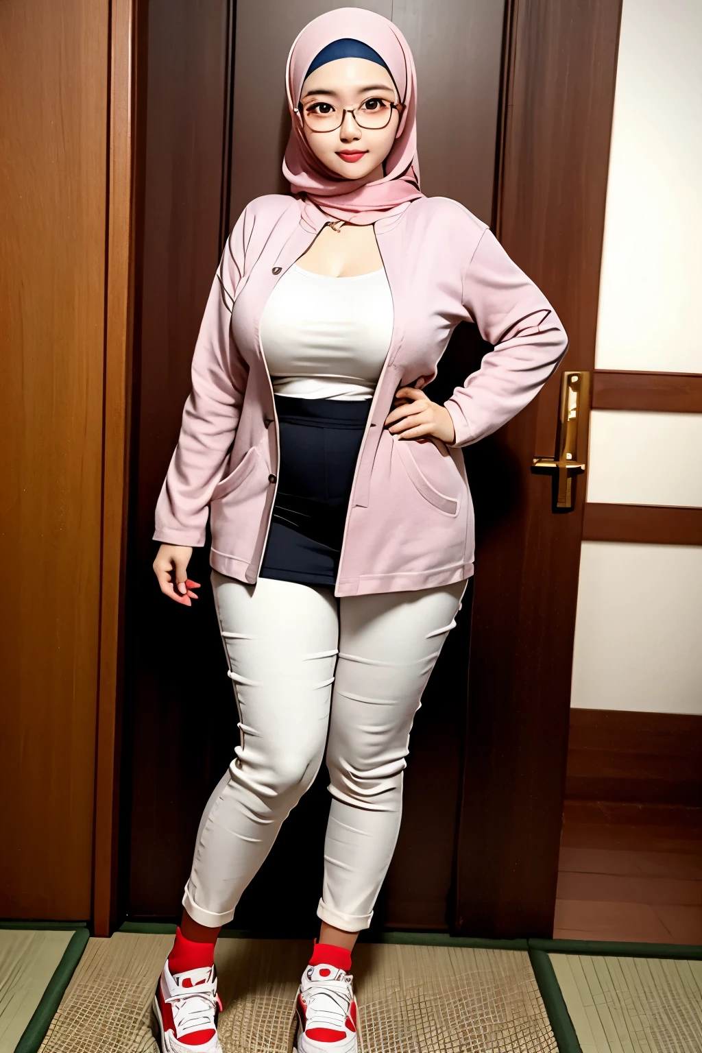 Pregnant woman in hijab and white pants standing in front of a door -  SeaArt AI