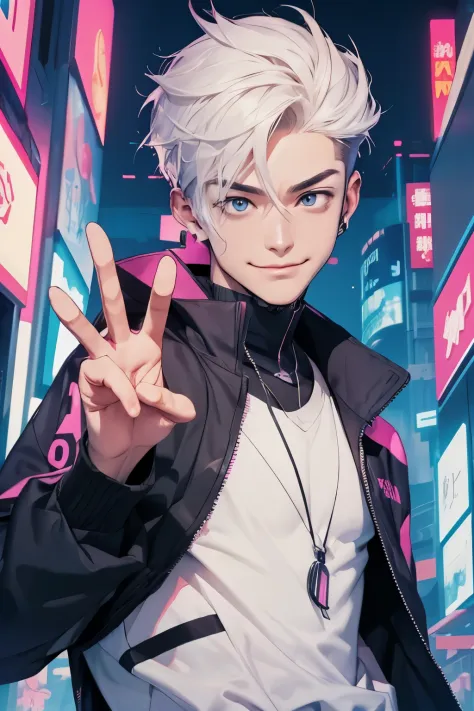 cyberpunk style,1 male,With a smile,Peace Sign Pose,Please enter the Papillon logo。