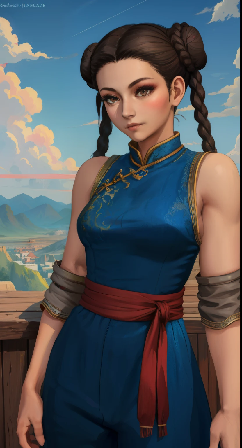 Paichang, twin braids , blue ribbon, brown eyes, double bun, black hair,
Are standing, alone , Upper body,
hip, 
cowboy shot, 
blue chinese dress, Red band, pants, sleeve less, 
blue sky, cloudy, evening,
(Extremely detailed, beautiful detailed face, masterpiece, highest quality 