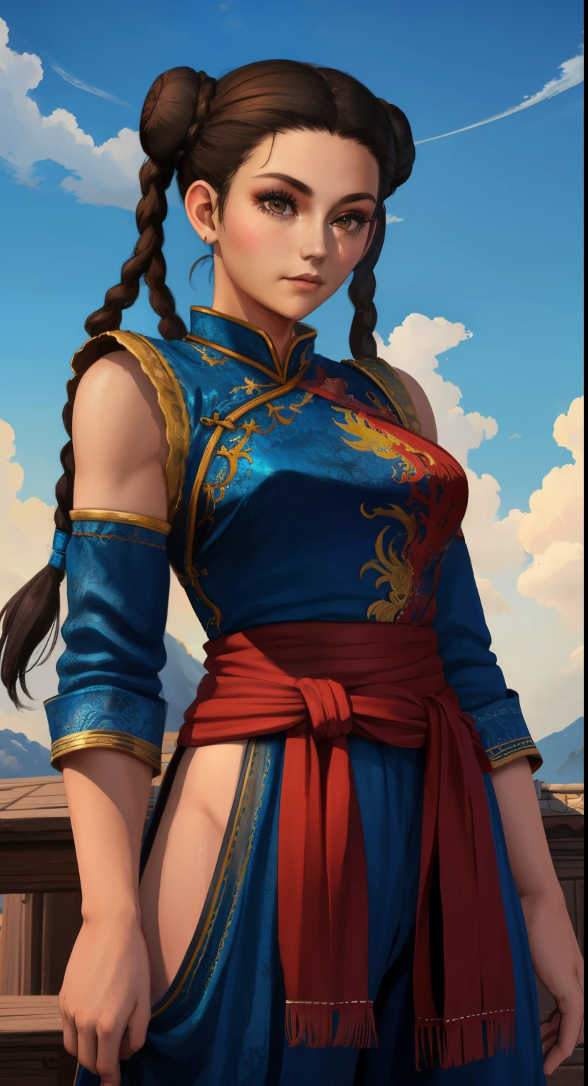 Paichang, twin braids , blue ribbon, brown eyes, double bun, black hair,
Are standing, alone , Upper body,
hip, 
cowboy shot, 
blue chinese dress, Red band, pants, sleeve less, 
blue sky, cloudy, evening,
(Extremely detailed, beautiful detailed face, masterpiece, highest quality 