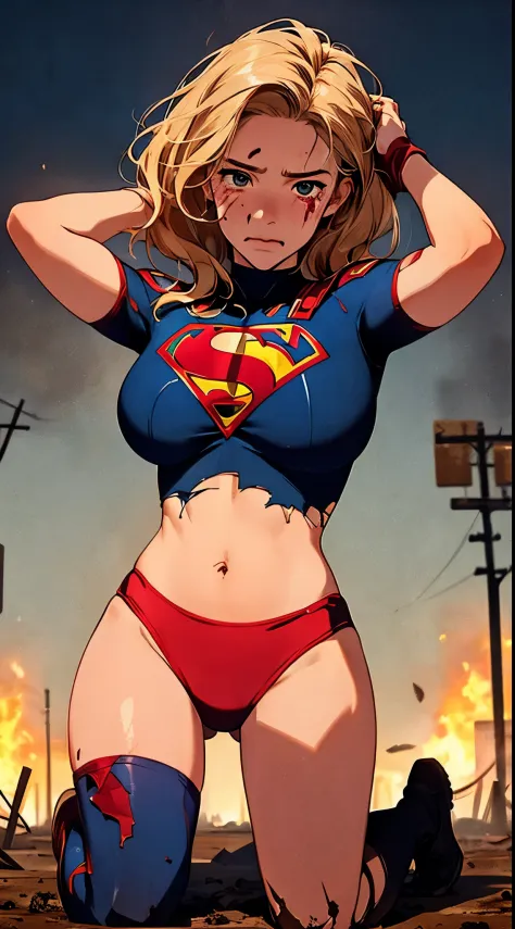 (best quality), (masterpiece), (horror), (bloody), supergirl, (blonde messy hair), (tired and weak face, busted lips, bleeding lips),(perfect body, perfect boobs, perfect thighs), ((dirty and bloody skin)),(tears, blood, bruises on face and body, blood flo...