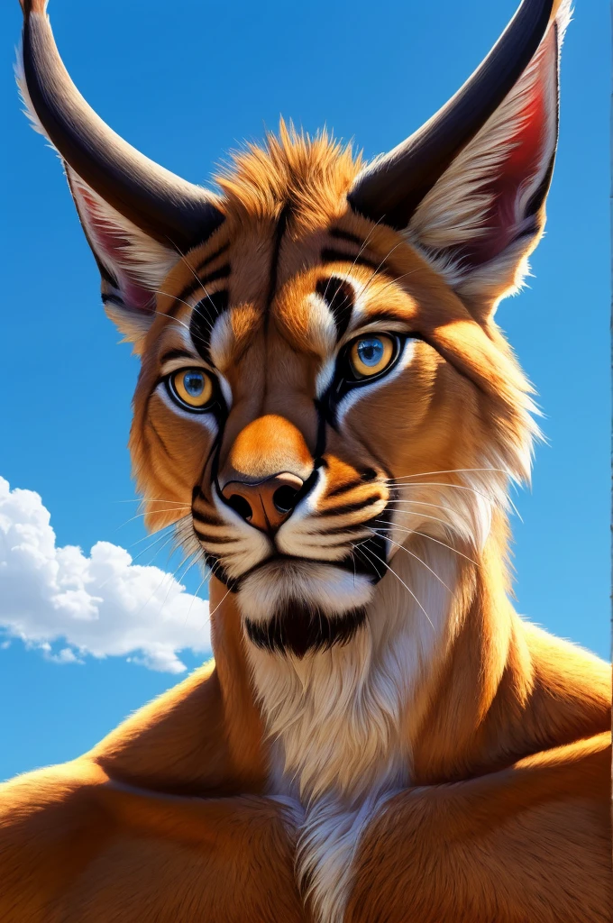 solo,furry,anthro,Caracal,male,E621,standing,hands behind back,wearing underwear,plain background,front view,(best quality,4k,8k,highres,masterpiece:1.2),ultra-detailed,(realistic,photorealistic,photo-realistic:1.37),illustration,sharp focus,colorful lighting,soft shadows,goatee beard,curved horns,expressive eyes,detail-rich fur,textured skin,vivid colors,bokeh
