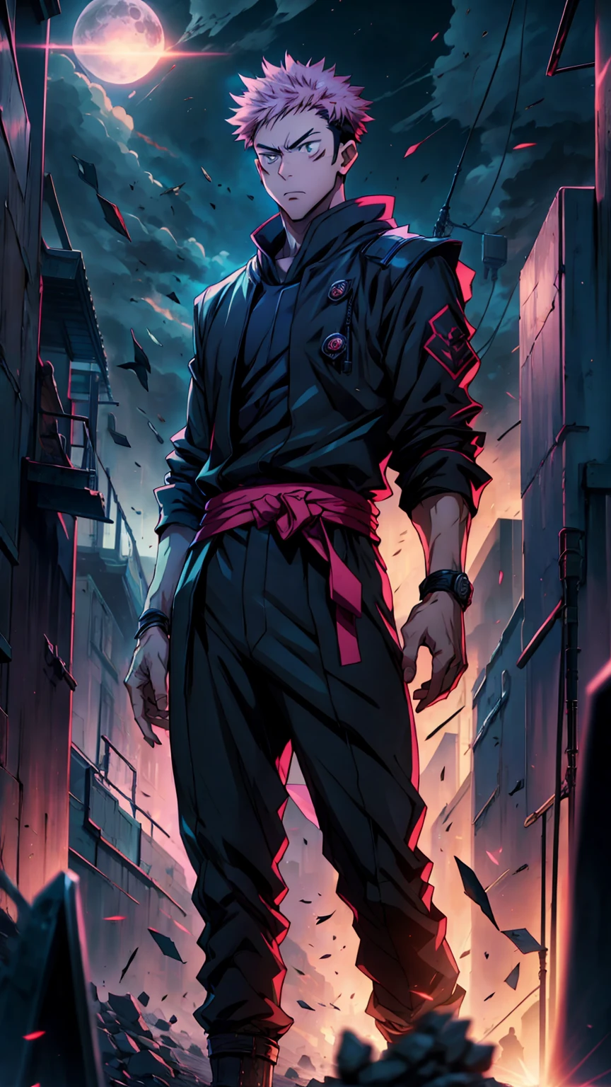 1boy, full body shot, 173 cm, itadori yuuji, black outfit, pink hair, run, angry, red and dark moon city night background, wallpaper, cinematic,High resolution 8K, Bright light illumination, lens flare, sharpness, masterpiece, top-quality, The ultra -The high-definition, high resolution, extremely details CG, Anime style, Film Portrait Photography,masterpiece,hyperdetail