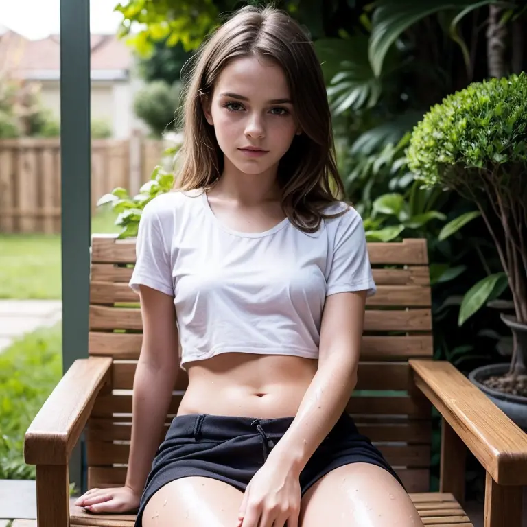 8-year-old girl, girl is young Emma Watson, in garden, Realistic and realistic,  she is sweating, Sweet smile, naked, ultra shor...
