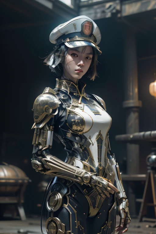 highly detailed CG unity 32K wallpaper, masterpiece, top quality, (raw photo, professional photo, dynamic:1.2), (science fiction:1.4), cyberpunk, cinematic lighting, ultra-high resolution, highest definition, authentic, depth of field, sharp focus, ((1937, China:1.3)), ((perfect body, correct anatomy:1.4)), (intricately detailed face, ultra-detailed skin texture:1.3), (from front:1.5), 1 girl, Chinese woman, about 20 years old, ((solo:1.1)), (female soldier of Kuomintang:1.5), (cowboy shot:1.1), looking at viewer, ultra-realistic skin, black hair, short hair, (garrison cap:1.4), (dark and bright eyes:1.4), highly detailed eyes, (tall nose:1.3), ultra-realistic nose and lips, innocent face, expressive face, expressionless, ((combat uniform of Kuomintang Army:1.1)), slender, beautiful breast, (perfect body proportion, correct body proportion:1.5), ((powered suit, mechanized body armor:1.4)), ((holding a large blaster rifle, aiming at enemy position:1.5)), (((shooting the blaster rifle:1.2))), (((during a combat against Imperial Japanese Army:1.4))), (((noon, city, street, outdoor, battlefield, vandalized buildings:1.3)))