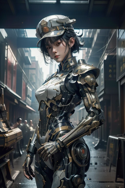 highly detailed CG unity 32K wallpaper, masterpiece, top quality, (raw photo, professional photo, dynamic:1.2), (science fiction:1.4), cyberpunk, cinematic lighting, ultra-high resolution, highest definition, authentic, depth of field, sharp focus, ((1937, China:1.3)), ((perfect body, correct anatomy:1.4)), (intricately detailed face, ultra-detailed skin texture:1.3), (from front:1.5), 1 girl, Chinese woman, about 20 years old, ((solo:1.1)), (female soldier of Kuomintang:1.5), (cowboy shot:1.1), looking at viewer, ultra-realistic skin, black hair, short hair, (garrison cap:1.4), (dark and bright eyes:1.4), highly detailed eyes, (tall nose:1.3), ultra-realistic nose and lips, innocent face, expressive face, expressionless, ((combat uniform of Kuomintang Army:1.1)), slender, beautiful breast, (perfect body proportion, correct body proportion:1.5), ((powered suit, mechanized body armor:1.4)), ((holding a large blaster rifle, aiming at enemy position:1.5)), (((shooting the blaster rifle:1.2))), (((during a combat against Imperial Japanese Army:1.4))), (((noon, city, street, outdoor, battlefield, vandalized buildings:1.3)))