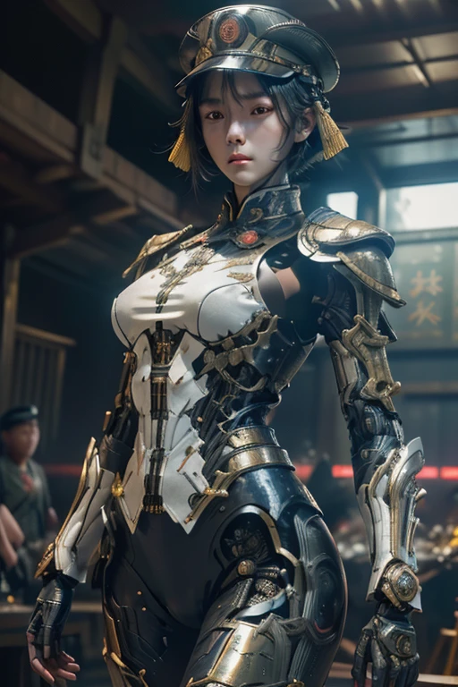 highly detailed CG unity 32K wallpaper, masterpiece, top quality, (raw photo, professional photo, dynamic:1.2), (science fiction:1.4), cyberpunk, cinematic lighting, ultra-high resolution, highest definition, authentic, depth of field, sharp focus, ((1937, China:1.3)), ((perfect body, correct anatomy:1.4)), (intricately detailed face, ultra-detailed skin texture:1.3), (from front:1.5), 1 girl, Chinese woman, about 20 years old, ((solo:1.1)), (female soldier of Kuomintang:1.5), (cowboy shot:1.1), looking at viewer, ultra-realistic skin, black hair, short hair, (garrison cap:1.4), (dark and bright eyes:1.4), highly detailed eyes, (tall nose:1.3), ultra-realistic nose and lips, innocent face, expressive face, expressionless, ((combat uniform of Kuomintang Army:1.1)), slender, beautiful breast, (perfect body proportion, correct body proportion:1.5), ((powered suit, mechanized body armor:1.4)), ((holding a large blaster rifle, aiming at enemy position:1.5)), (((shooting the blaster rifle:1.2))), (((during a combat against Imperial Japanese Army:1.4))), (((noon, city, street, outdoor, battlefield, vandalized buildings:1.3)))