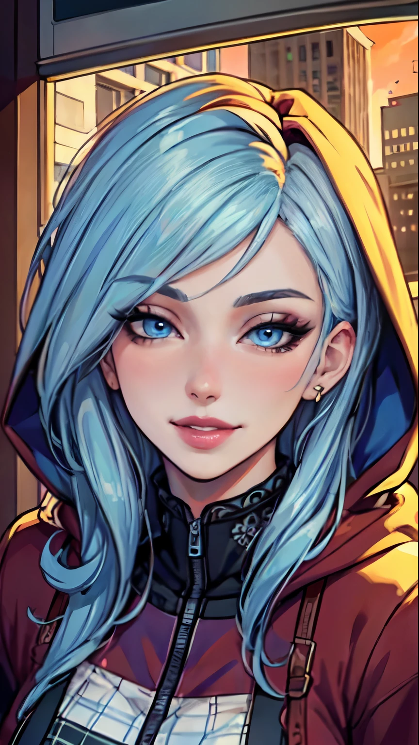 A close up of a person with blue hair and a hoodie - SeaArt AI