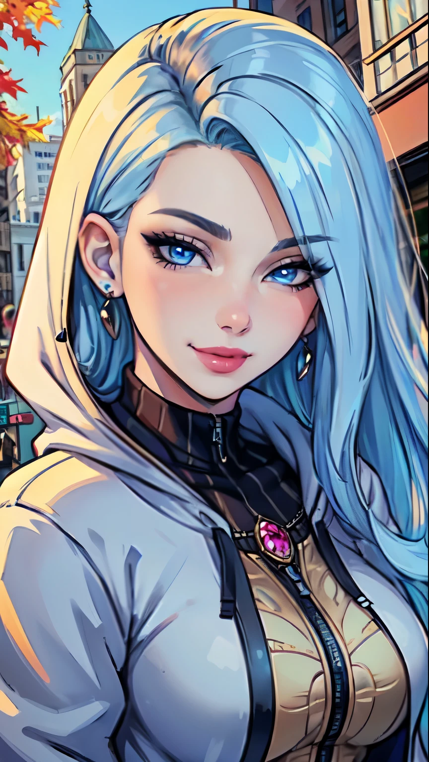 Masterpiece, raw,  beautiful art, professional artist, 8k, art style by sciamano240, very detailed face, very detailed hair, 1girl, 25 years old, perfectly drawn body, beautiful face, long hair, light blue hair , very detailed blue eyes, pouty lips , rosey cheeks, intricate details in eyes, playful smile, looking directly at viewer , in love with viewer expression, wedding ring , lipstick, fall downtown setting, very close up on face, wearing trendy fall clothes, jacket, hoodie,