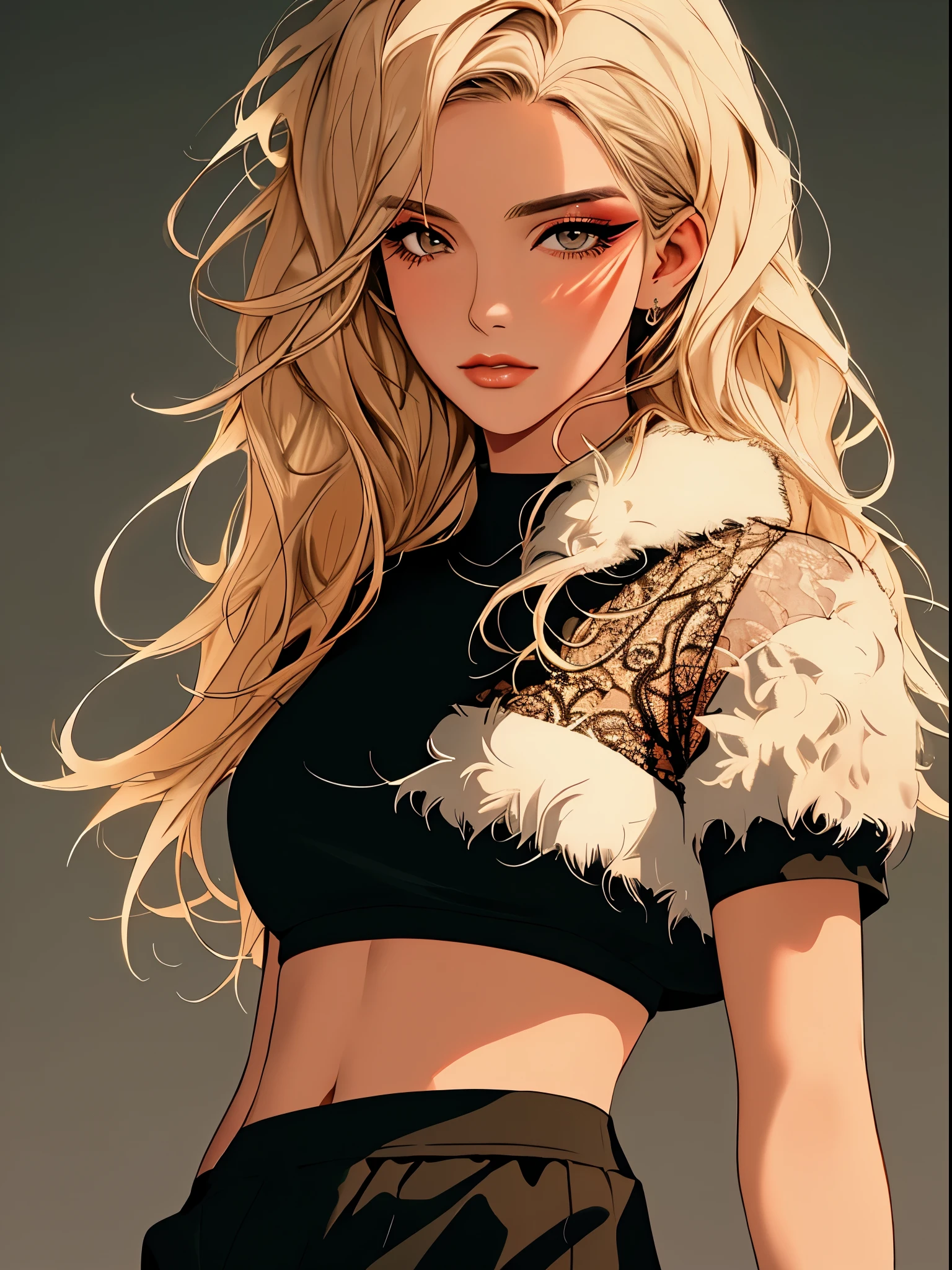 A portrait of a blonde, (makeup:1.4), amazing body, (fit body:1.2), lace outfit, highly detailed fur, natural skin texture, 4k textures, detailed belly, Highly detailed perfect smooth skin, Lightroom, Intricate, Ultra-Realistic, Out There, (HDR:1.3), UHD, (Intricate Detail, Hyper-Detailed:1.1), Cinematic, Photoreal, (Dark Shot:1.2), Dramatic, High Contrast, (Warm Color:1.1) , muted colors, master piece, elegant, sharp focus, nike sweatpants