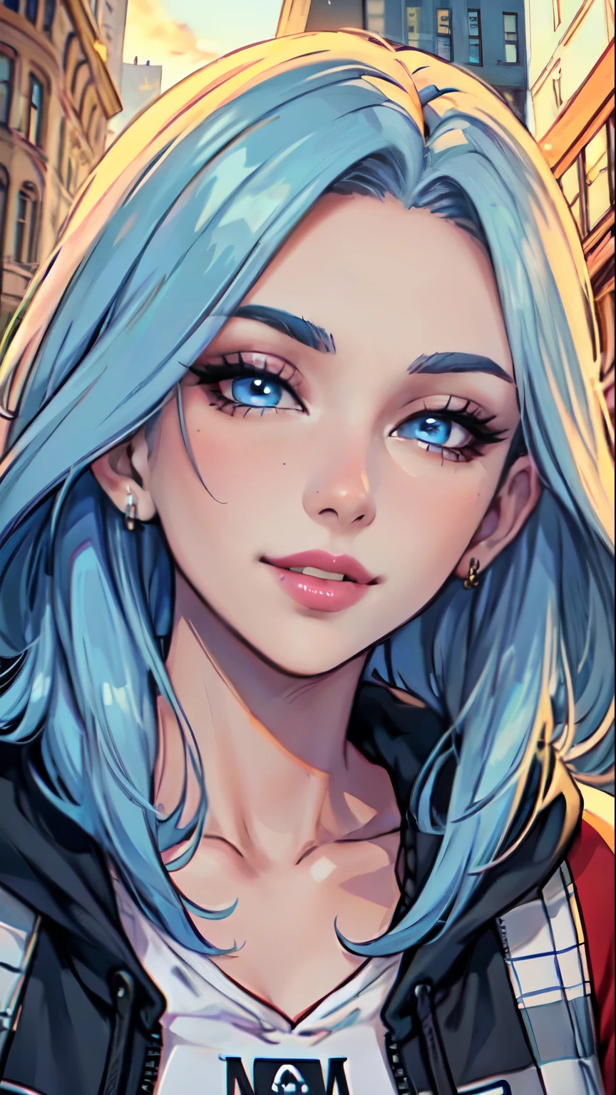 Masterpiece, raw,  beautiful art, professional artist, 8k, art style by sciamano240, very detailed face, very detailed hair, 1girl, 25 years old, perfectly drawn body, beautiful face, long hair, light blue hair , very detailed blue eyes, pouty lips , rosey cheeks, intricate details in eyes, playful smile, looking directly at viewer , in love with viewer expression, wedding ring , lipstick, fall downtown setting, very close up on face, wearing trendy fall clothes, jacket, hoodie,