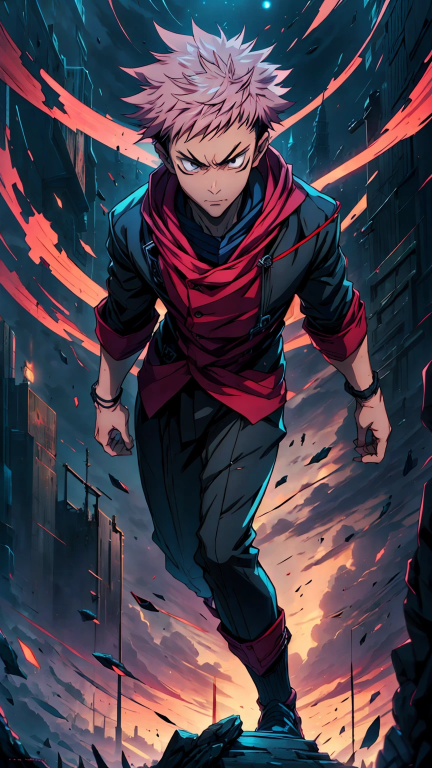 1boy, full body shot, 173 cm, itadori yuuji, black outfit, pink hair, run, angry, red and dark moon city night background, wallpaper, cinematic,High resolution 8K, Bright light illumination, lens flare, sharpness, masterpiece, top-quality, The ultra -The high-definition, high resolution, extremely details CG, Anime style, Film Portrait Photography,masterpiece,hyperdetail