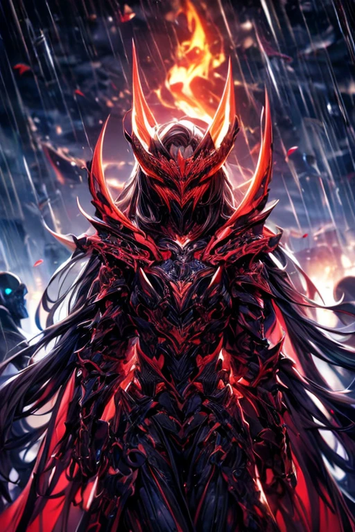 Perfect masterpiece, (Masterpiece:1.2), Best quality, high resolution, Beautiful detailed, Extremely detailed, Perfect lighting, high quality, high resolution, highest image quality, 8k hd. 
1guy. 
blood red and blue hair, Faceless, yellow eyes, glowing eyes, demon horns, long horns. 
Elegant. 
blood red and black uniform, battle armor, heavy metal, Energy lines, masks.
Night, flames on the background, dark clouds, thunderstorm, heavy rain. 
Dramatic lighting.
Highly detailed background.
