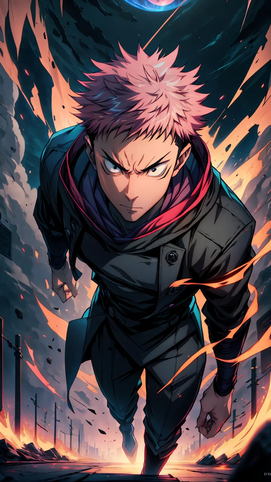 1boy, full body shot, 173 cm, itadori yuuji, black outfit, pink hair, run, angry, red and dark moon city night background, wallpaper, cinematic,High resolution 8K, Bright light illumination, lens flare, sharpness, masterpiece, top-quality, The ultra -The high-definition, high resolution, extremely details CG, Anime style, Film Portrait Photography,masterpiece,hyperdetail