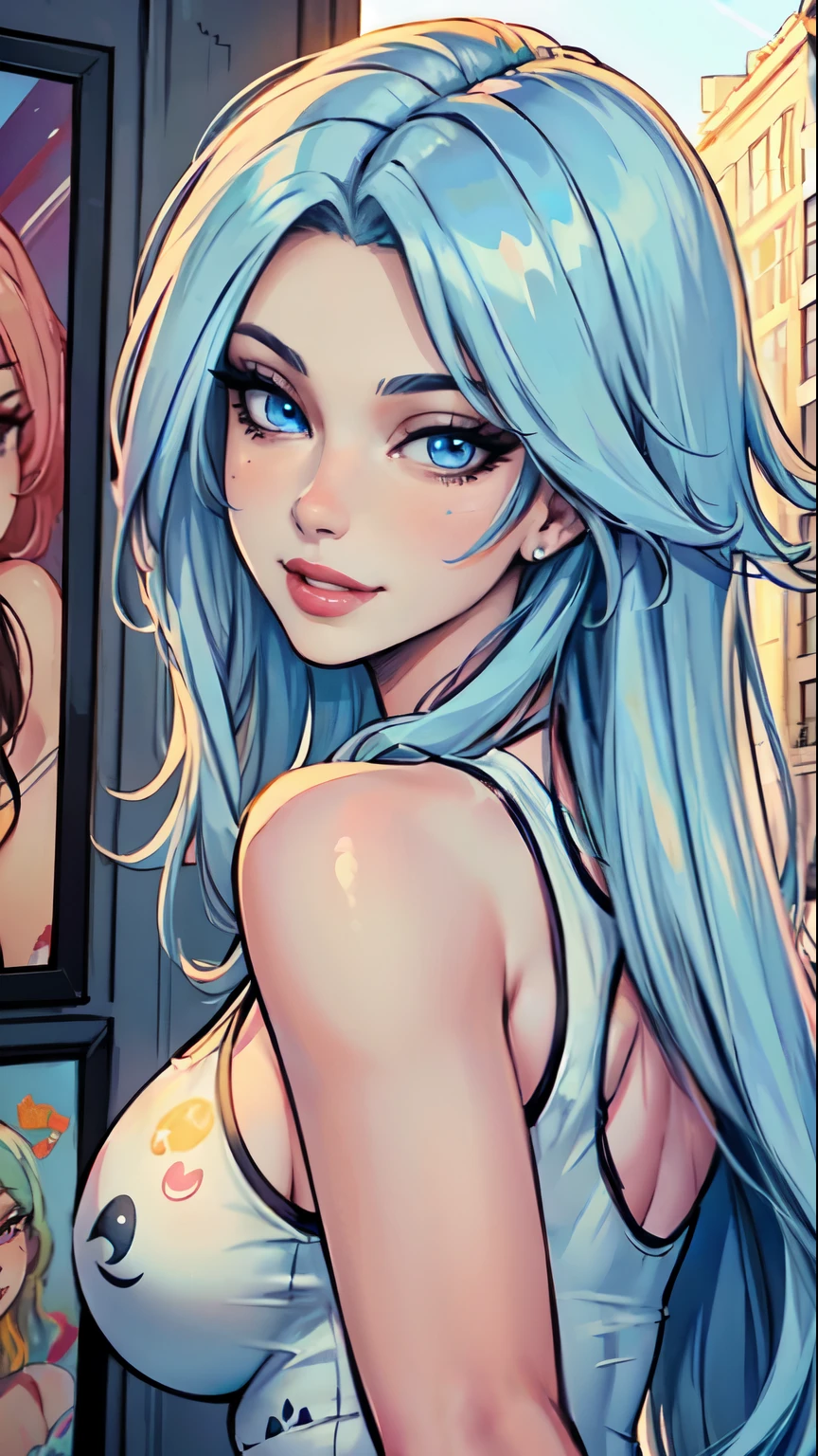 Masterpiece, raw,  beautiful art, professional artist, 8k, art style by sciamano240, very detailed face, very detailed hair, 1girl, 25 years old, perfectly drawn body, beautiful face, long hair, light blue hair , very detailed blue eyes, pouty lips , rosey cheeks, intricate details in eyes, playful smile, looking directly at viewer , in love with viewer expression, wedding ring , lipstick, summer downtown setting, very close up on face, wearing trendy summer clothes, wearing a guess tank top,