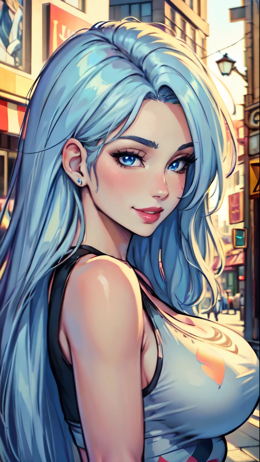 A drawing of a woman with blue hair and a tank top - SeaArt AI