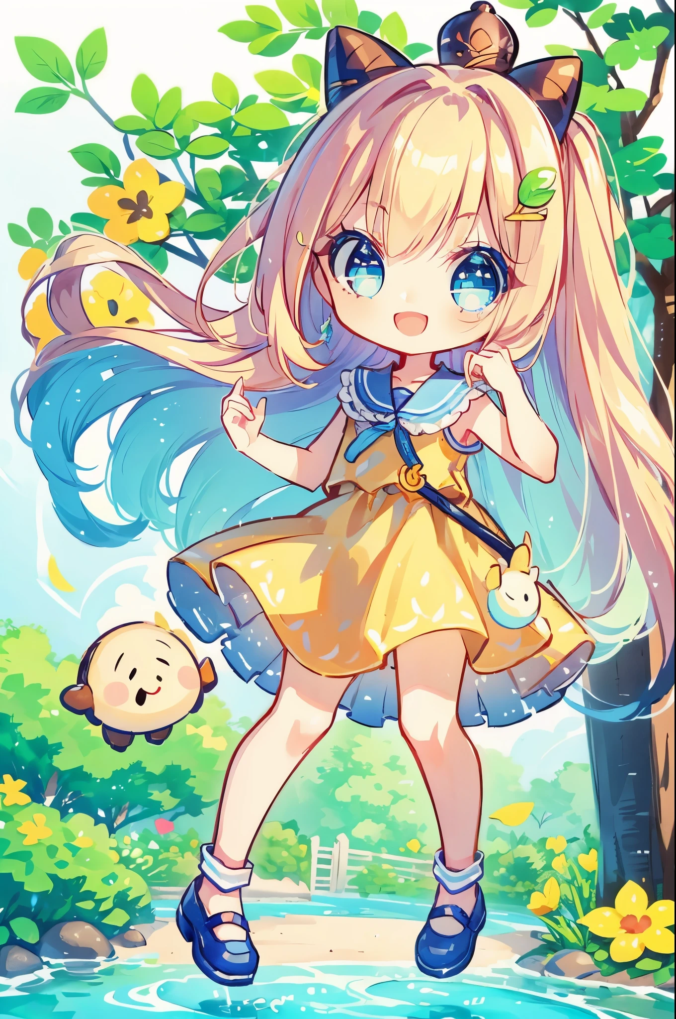 The girl is、neat hair ornament、cute surreal body bien、(detailed eyes、eyes like jewels、sparkling eyes:1.3)、open mouth smile、blue sky、Cute shoes、garden、sunlight filtering through the foliage