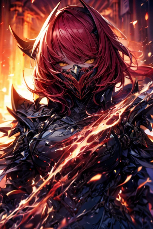 Perfect masterpiece, (Masterpiece:1.2), Best quality, high resolution, Beautiful detailed, Extremely detailed, Perfect lighting, high quality, high resolution, highest image quality, 8k hd. 
1 fellow. 
blood red and blue hair, Faceless, yellow eyes, glowing eyes, demon horns, long horns. 
Elegant. 
dark blue uniform, battle armor, Energy lines, masks.
Sunrise, flames on the background. 
Dramatic lighting.
Highly detailed background.
