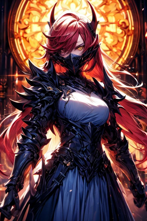 Perfect masterpiece, (Masterpiece:1.2), Best quality, high resolution, Beautiful detailed, Extremely detailed, Perfect lighting, high quality, high resolution, highest image quality, 8k hd. 
1 fellow. 
blood red and blue hair, Faceless, yellow eyes, glowing eyes, demon horns, long horns. 
Elegant. 
dark blue uniform, battle armor, Energy lines, masks.
Sunrise, flames on the background. 
Dramatic lighting.
Highly detailed background.
