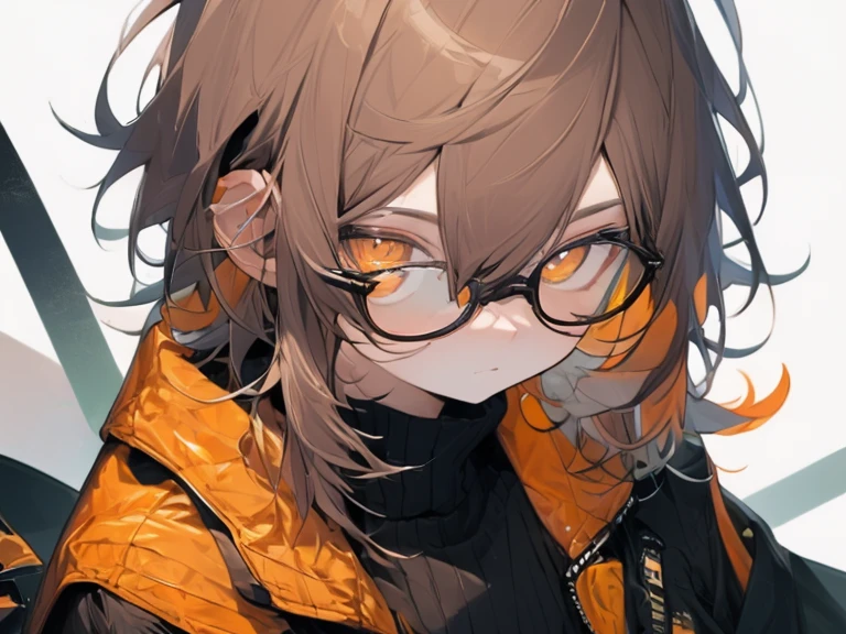 (masterpiece, Best quality),1 boy, One, Brown hair,  Glasses, , Looking at the viewer, above the handle, portrait, Orange eyes, White background, hair between eyes, jacket, Upper body, black sweater top
