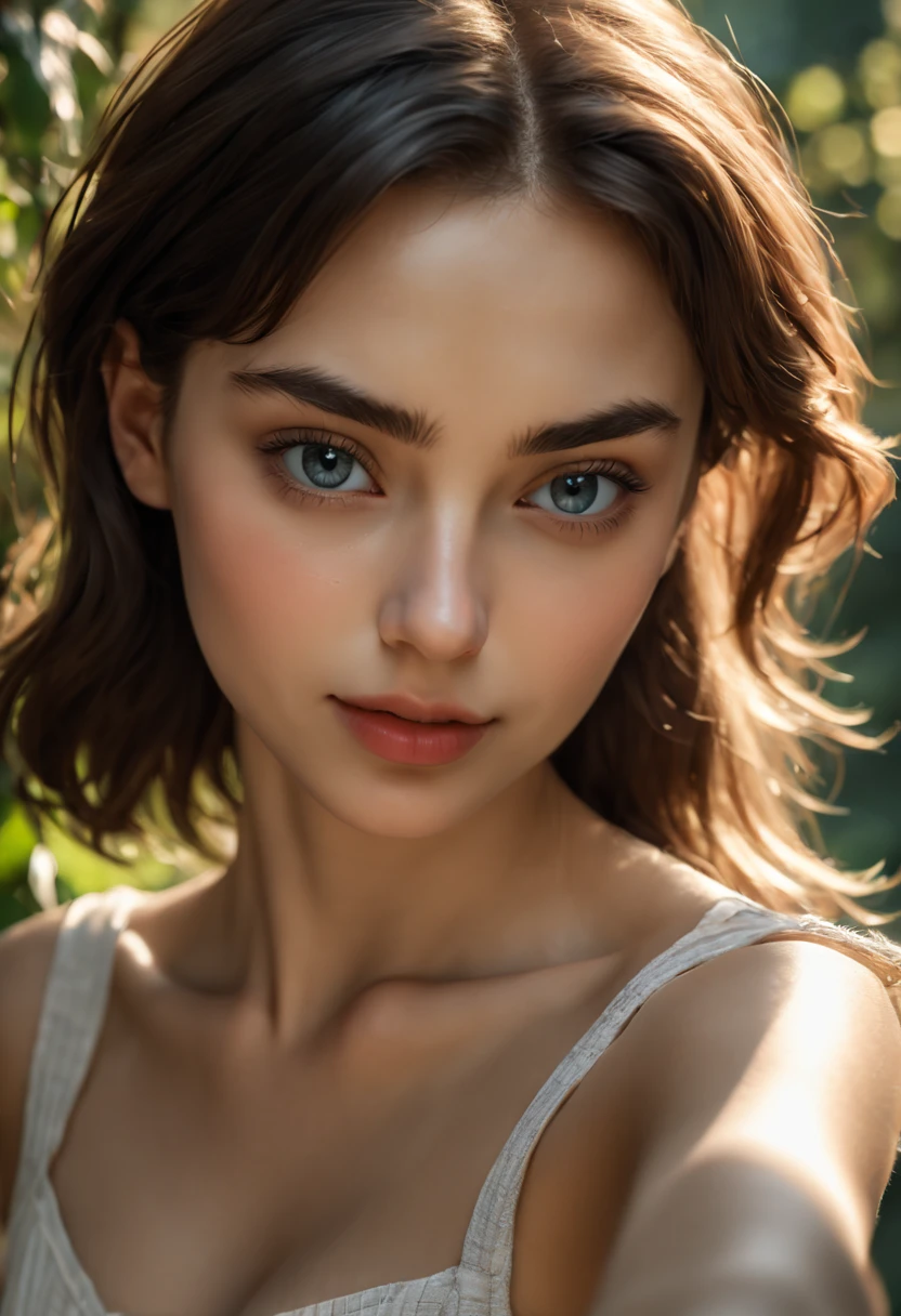 8K, Best Quality, Masterpiece, Ultra High Resolution, (Realism: 1.4), Original Photo, (Realistic Skin Texture: 1.3), (Film Grain: 1.3), (Selfie Angle), 1 Girl, Beautiful Eyes and Face Details, Masterpiece, Best Quality, Close-up, Upper Body, Looking at the Viewer