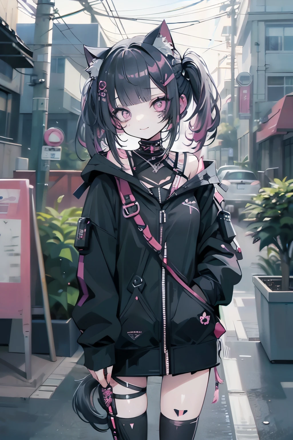 Beautiful woman pink twin tail long hair、cyberpunk style short clothes、Putting on cat ears、gazing at viewer、front facing、A slight smil、sea side、Palm trees
