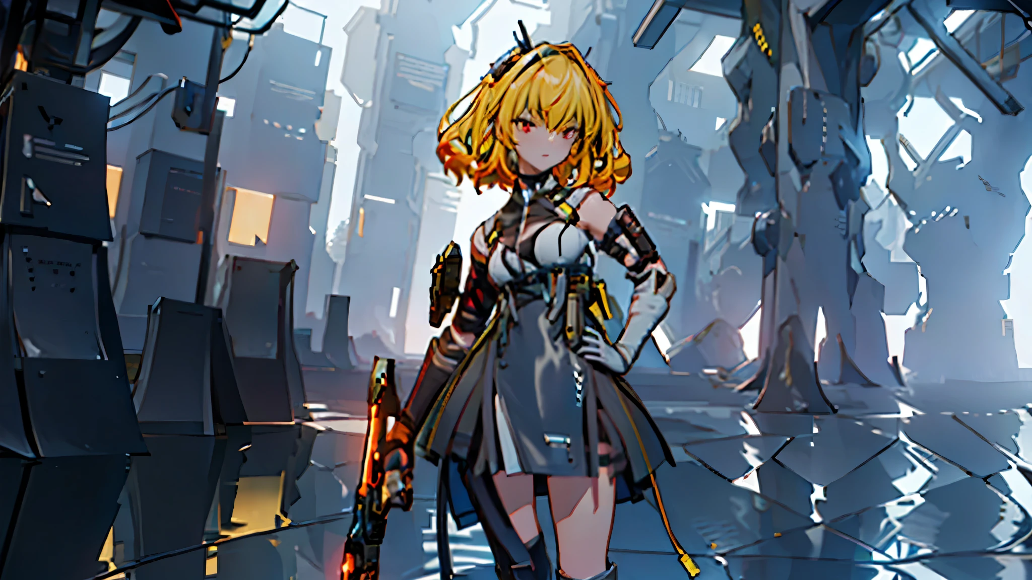 The alone young girl , short yellow hair , red eyes , white chest binder , combat suit, black skirt , high knee sock , black crown , lie down , sexy pose , shotgun , sci-fi city , Spark effect , Lightning Efect , Thunderbolt , High detail mature face, high res, ultra sharp, She stands confidently in the center of the posteghting a enemy like mechanic cyborg，a determined expression on her face。The background is dark and gritty，There is a sense of danger and a strong feeling。The text is bold and eye-catching，With catchy slogans，Adds to the overall drama and excitement。The color palette is dominated by dark colors，Dotted with bright colorake the poster dynamic and visually striking，(Magazines:1.3), (Cover-style:1.3), Fashion, vibrant, Outfit, posing on a, Front, rich colorful，Background with，element in，self-assured，Expressing the，halter，statement，Attachment，A majestic，coil，Runt，Touching pubic area，Scenes，text，Cover of a，boldness，attention-grabbing，titles，Fashion，typeface，，Best quality at best，Hyper-detailing，8K ，hyper HD