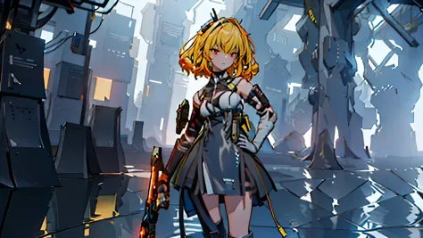 The alone young girl , short yellow hair , red eyes , white chest binder , combat suit, black skirt , high knee sock , black crown , lie down , sexy pose , shotgun , sci-fi city , Spark effect , Lightning Efect , Thunderbolt , High detail mature face, high...