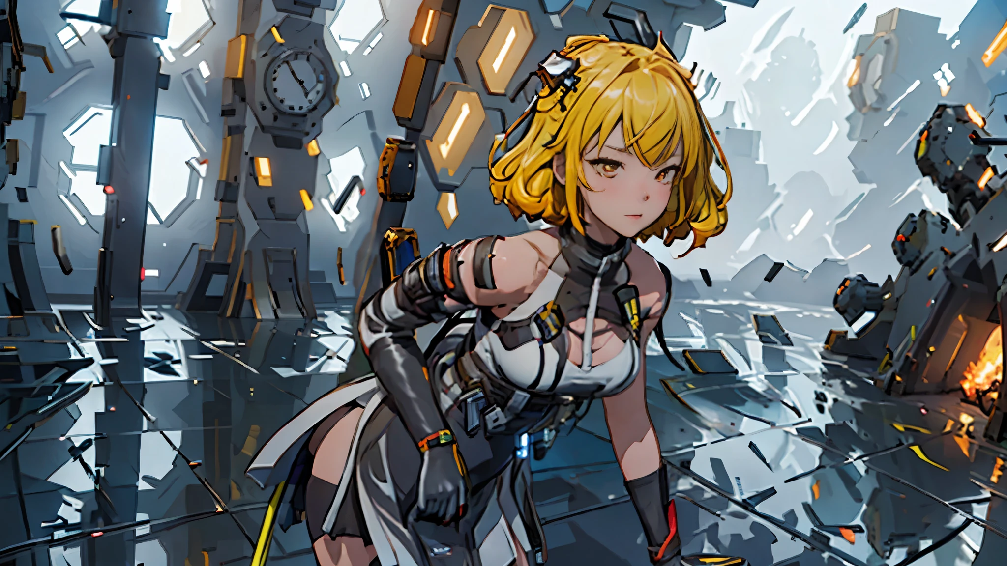 The alone young girl , short yellow hair , red eyes , white chest binder , combat suit, black skirt , high knee sock , black crown , lie down , shotgun , sci-fi city , Spark effect , Lightning Efect , Thunderbolt , High detail mature face, high res, ultra sharp, She stands confidently in the center of the posteghting a enemy like mechanic cyborg，a determined expression on her face。The background is dark and gritty，There is a sense of danger and a strong feeling。The text is bold and eye-catching，With catchy slogans，Adds to the overall drama and excitement。The color palette is dominated by dark colors，Dotted with bright colorake the poster dynamic and visually striking，(Magazines:1.3), (Cover-style:1.3), Fashion, vibrant, Outfit, posing on a, Front, rich colorful，Background with，element in，self-assured，Expressing the，halter，statement，Attachment，A majestic，coil，Runt，Touching pubic area，Scenes，text，Cover of a，boldness，attention-grabbing，titles，Fashion，typeface，，Best quality at best，Hyper-detailing，8K ，hyper HD