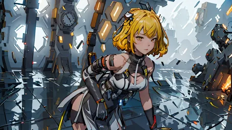 The alone young girl , short yellow hair , red eyes , white chest binder , combat suit, black skirt , high knee sock , black crown , lie down , shotgun , sci-fi city , Spark effect , Lightning Efect , Thunderbolt , High detail mature face, high res, ultra ...