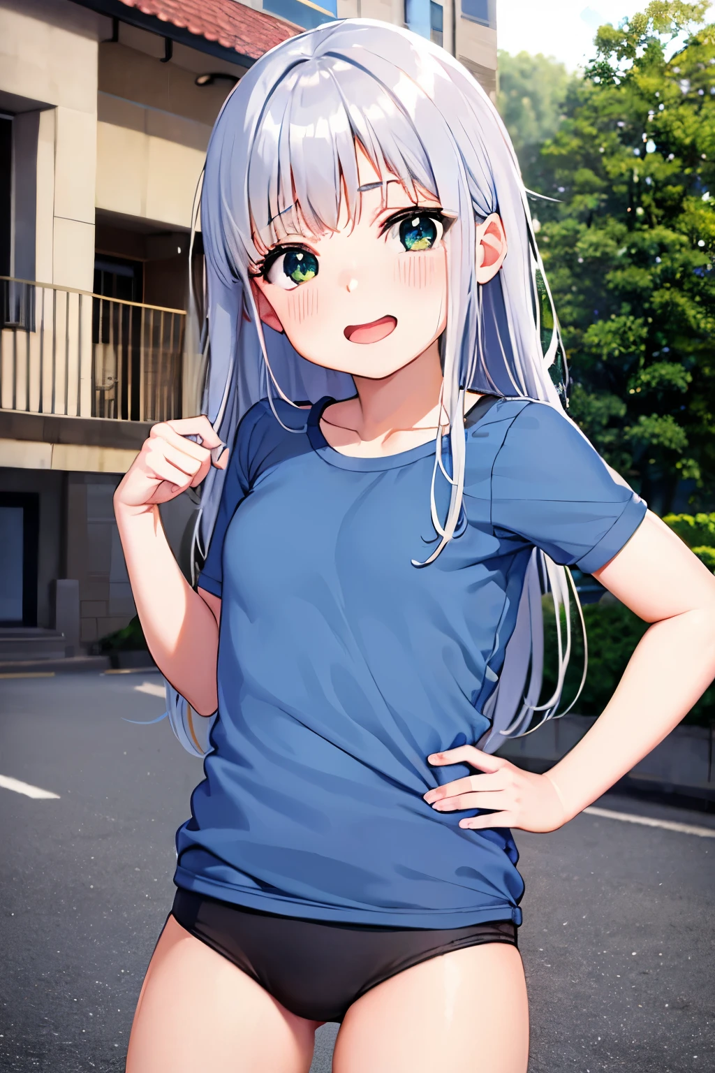 Anime girl with blue shirt and black shorts posing in front of a building -  SeaArt AI