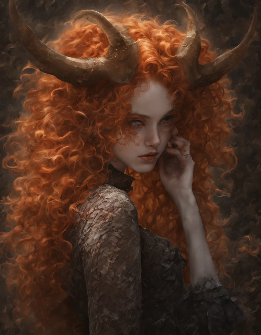 Ginger girl, demon girl, very angry, ((full smokey eyes)), (messy orange curls), (insect eyes), (mesh fishnet, blouse), (long intricate horns:1.2)  (best quality), highest quality, extremely detail,  8k, wallpaper, detailed and intricate,