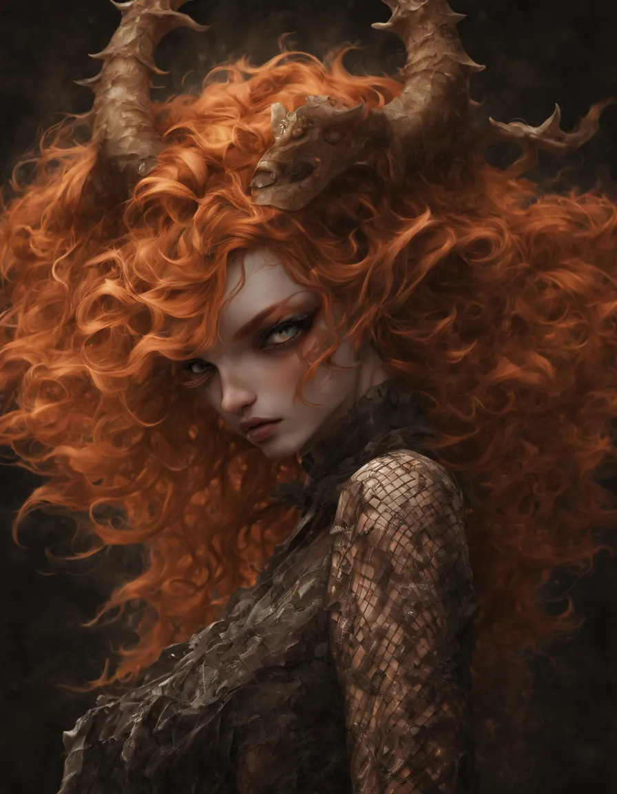 Ginger girl, demon girl, very angry, ((full smokey eyes)), (messy orange curls), (insect eyes), (mesh fishnet, blouse), (long in...