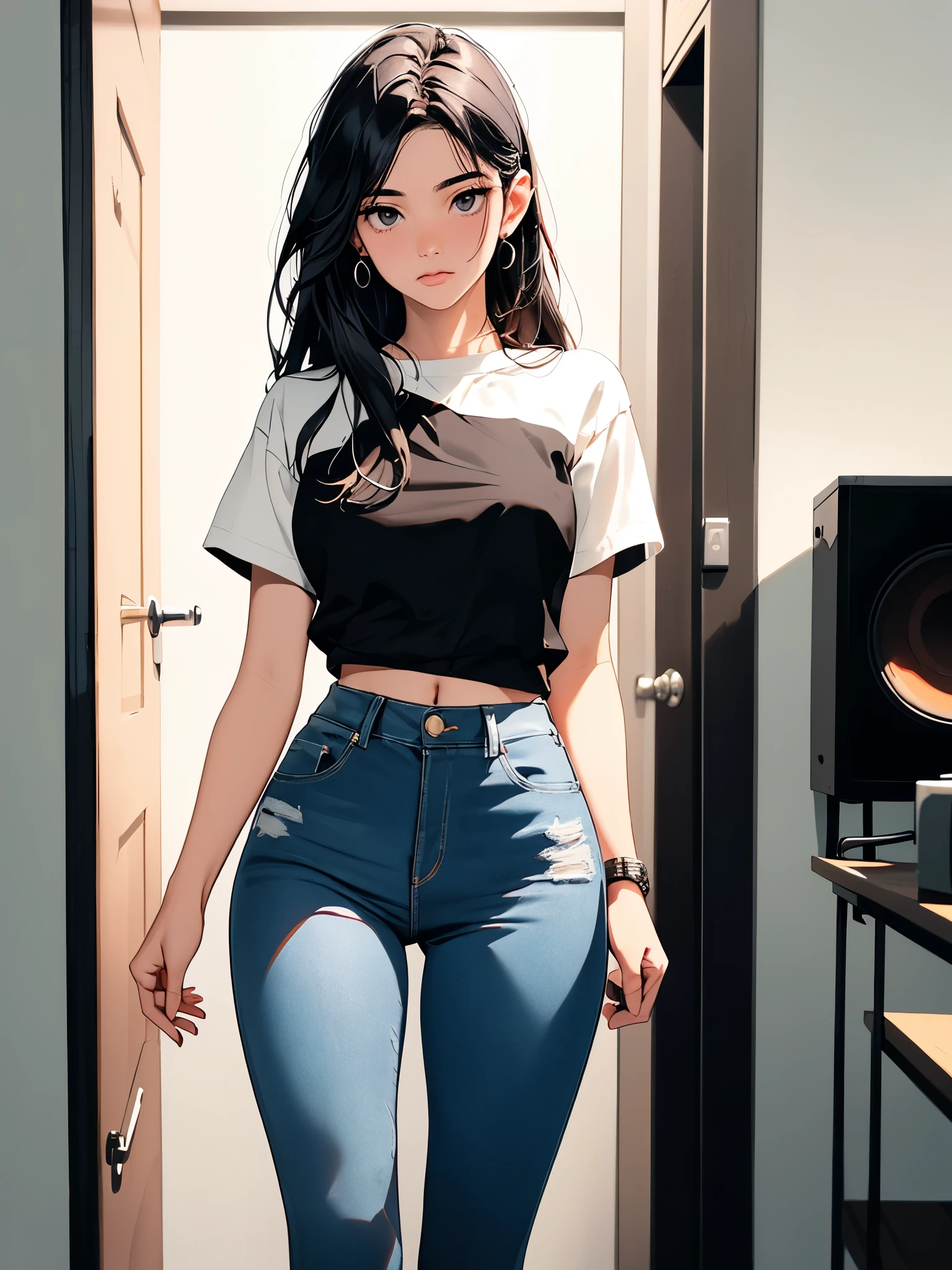 (Hinata Hyuga, muy sensual, con ropa ajustada, gran culo, piernas gruesas, Usar jeans extremadamente ajustados, usando una mini blusa, ombligo con pirsing, pelo grande, Altavoz detrás, muy realista, extremadamente sexy, 8K, 8K extremamente detalhado), (un extremadamente delicado y hermoso), (Obra-prima), (mejor calidad: 1.0), (resolución ultra alta:1.0)