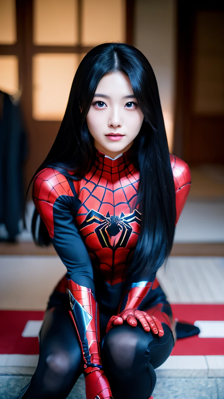 A woman in a spider - man costume sitting on a red carpet - SeaArt AI