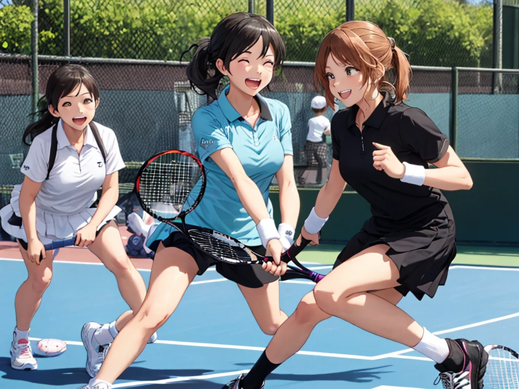 highest quality、High resolution、High definition、Beautiful teenage girl、Four women,cute hairstyle,perfect skin,huge breasts、Look at me happily、smiling、laughing、sexual expression、Upper body、

Tennis Dressesスタイル、
Tennis Dresses、可愛らしいTennis Dressesを選びましょう。Something with frills or lace details、We recommend items with colorful prints.。
shorts、Tennis Dressesの下にはshortsを着用しましょう。Easy to move、Good material that absorbs sweat。
head band、To wipe away the sweat flowing from my head、可愛いhead bandをつけるとおしゃれで機能的です。
Tennis Shoes、専用のTennis Shoesを選びましょう。Choose one with cushioning and stability、You can play comfortably。

テニスshortsスタイル、
polo shirt、スポーティでクラシックな印象のpolo shirtを選びましょう。The bright colors and colorful stripes are cute。
テニスshorts、Easy to move、汗を吸収する素材のテニスshortsを選びましょう。Choose your favorite colors and patterns to express your individuality。
socks、Tennis Shoesと合わせて、スポーティなsocksを選ぶとおしゃれです。Items with colorful patterns and logos are also cute.。
