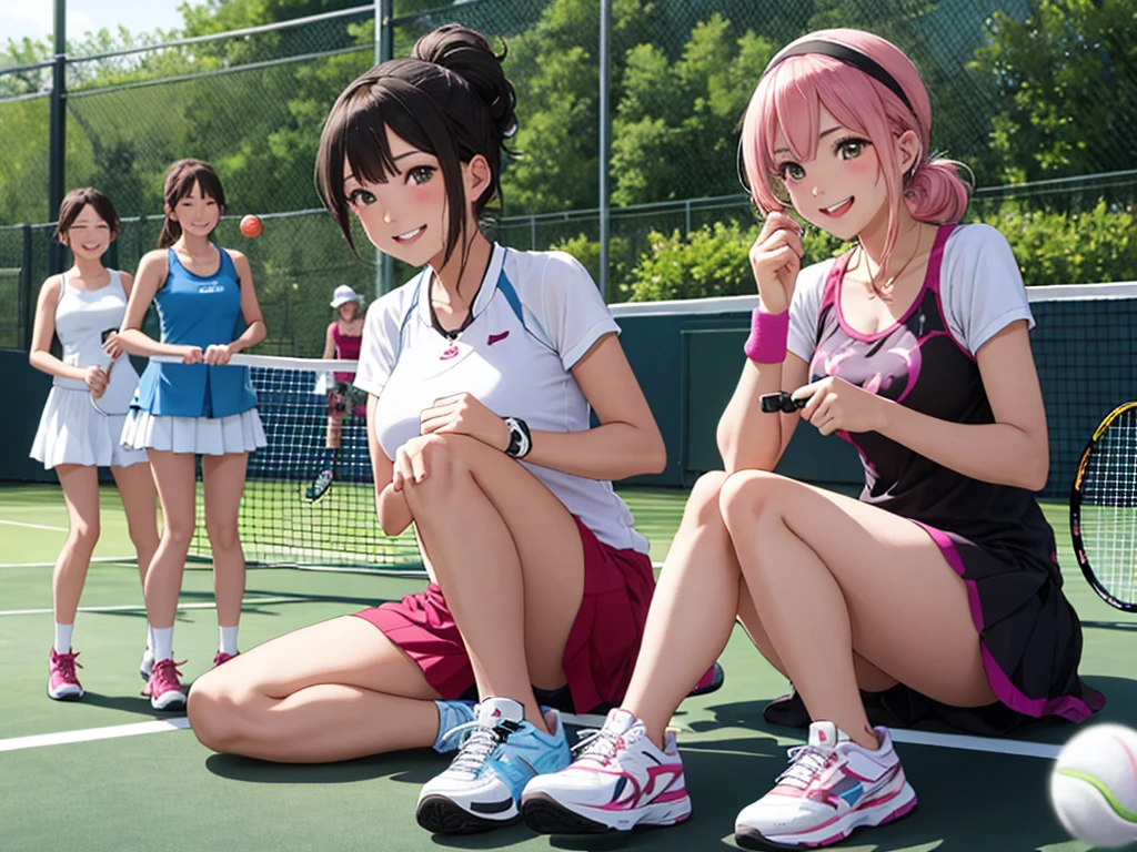 highest quality、High resolution、High definition、Beautiful teenage girl、Four women,cute hairstyle,perfect skin,huge breasts、Look at me happily、smiling、laughing、sexual expression、Upper body、

Tennis Dressesスタイル、
Tennis Dresses、可愛らしいTennis Dressesを選びましょう。Something with frills or lace details、We recommend items with colorful prints.。
shorts、Tennis Dressesの下にはshortsを着用しましょう。Easy to move、Good material that absorbs sweat。
head band、To wipe away the sweat flowing from my head、可愛いhead bandをつけるとおしゃれで機能的です。
Tennis Shoes、専用のTennis Shoesを選びましょう。Choose one with cushioning and stability、You can play comfortably。
