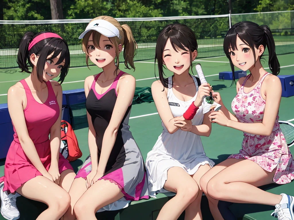 highest quality、High resolution、High definition、Beautiful teenage girl、Four women,cute hairstyle,perfect skin,huge breasts、Look at me happily、smiling、laughing、sexual expression、Upper body、

Tennis Dressesスタイル、
Tennis Dresses、可愛らしいTennis Dressesを選びましょう。Something with frills or lace details、We recommend items with colorful prints.。
shorts、Tennis Dressesの下にはshortsを着用しましょう。Easy to move、Good material that absorbs sweat。
head band、To wipe away the sweat flowing from my head、可愛いhead bandをつけるとおしゃれで機能的です。
Tennis Shoes、専用のTennis Shoesを選びましょう。Choose one with cushioning and stability、You can play comfortably。
