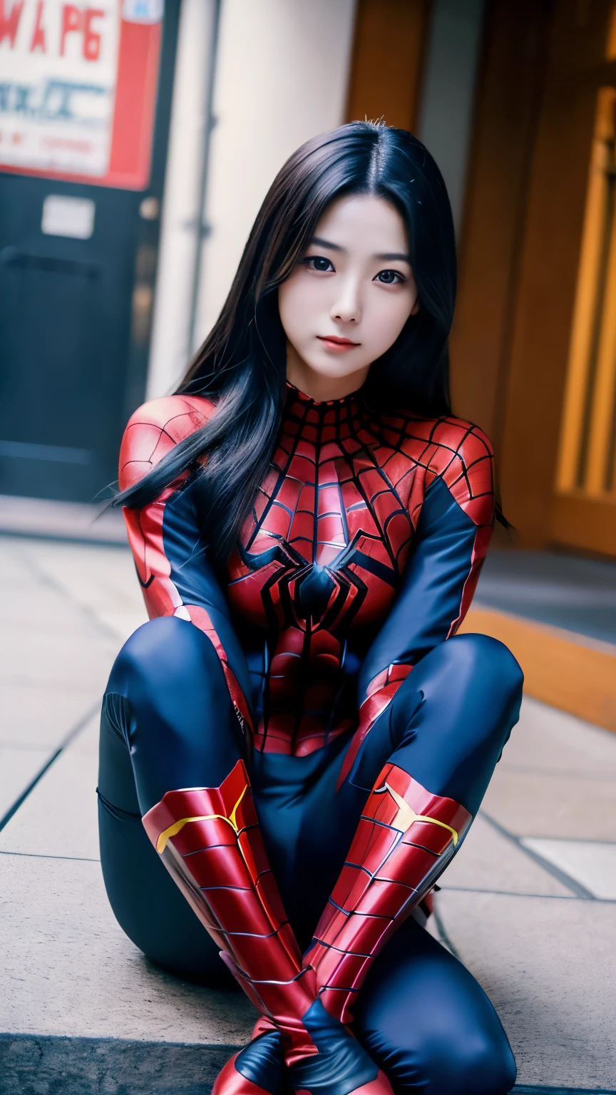 A woman in a spider - man costume sitting on the ground - SeaArt AI