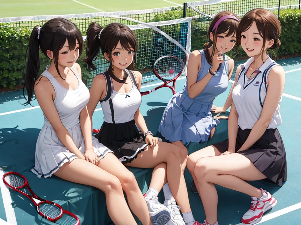 highest quality、High resolution、High definition、Beautiful teenage girl、Four women,cute hairstyle,perfect skin,huge breasts、Look at me happily、smiling、laughing、sexual expression、Upper body、white pleated mini skirt、White scouts、panty shot、Panty shot、

Tennis Dressesスタイル、
Tennis Dresses、可愛らしいTennis Dressesを選びましょう。Something with frills or lace details、
shorts、Tennis Dressesの下にはshortsを着用しましょう。Easy to move、Good material that absorbs sweat。
head band、To wipe away the sweat flowing from my head、可愛いhead bandをつけるとおしゃれで機能的です。
Tennis Shoes、専用のTennis Shoesを選びましょう。Choose one with cushioning and stability、You can play comfortably。
