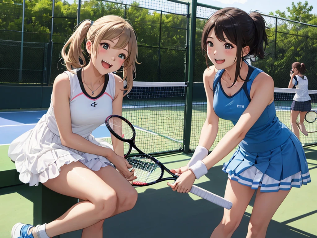 highest quality、High resolution、High definition、Beautiful teenage girl、Four women,cute hairstyle,perfect skin,huge breasts、Look at me happily、smiling、laughing、sexual expression、Upper body、white pleated mini skirt、White scouts、panty shot、Panty shot、

Tennis Dressesスタイル、
Tennis Dresses、可愛らしいTennis Dressesを選びましょう。Something with frills or lace details、
shorts、Tennis Dressesの下にはshortsを着用しましょう。Easy to move、Good material that absorbs sweat。
head band、To wipe away the sweat flowing from my head、可愛いhead bandをつけるとおしゃれで機能的です。
Tennis Shoes、専用のTennis Shoesを選びましょう。Choose one with cushioning and stability、You can play comfortably。
