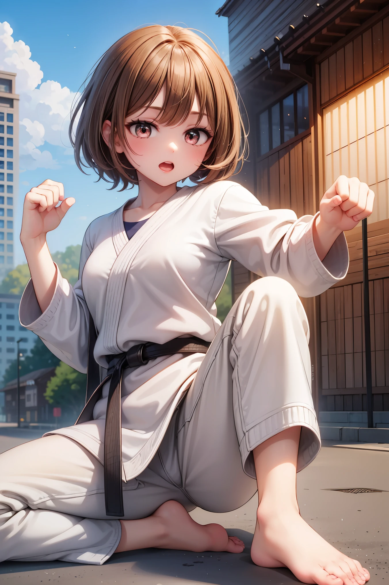 ((masterpiece, best quality, ultra-detailed, very fine 8KCG wallpapers)), 1girl, solo, medium breasts, short hair, brown hair, brown eyes, open mouth, blush, dougi, long sleeves, martial arts belt, white pants, barefoot, dojo, straight fist punch, nice hands, perfect hands,