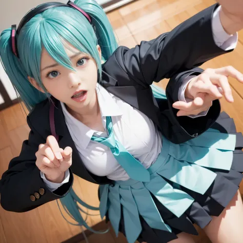 hatsune miku、classroom、school uniform、angry face