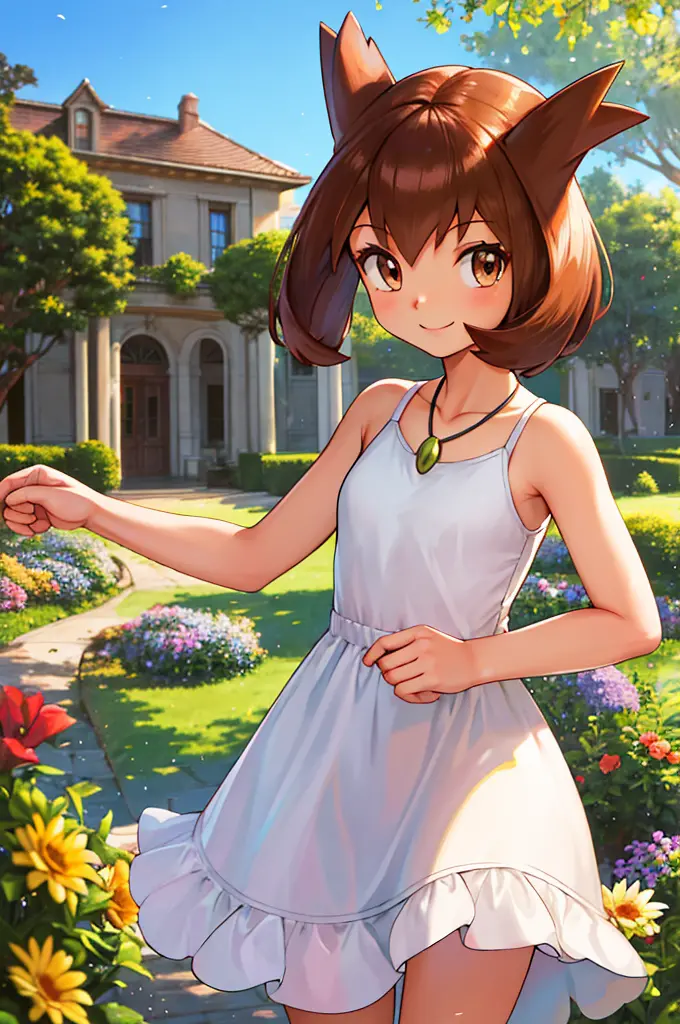 bianca (pokemon heroes), 1 girl, solo, brown hair, brown eyes, bare shoulders, a blue diamond necklace, little white dress, skin...