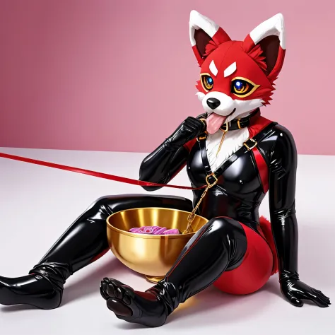 RAW, photo, female, solo, wearing (latex petplay costume, black latex body suit, leash, dog collar, big gold lock attached to collar, dog Fursuit head ( long snout, ( white, red, and gold) fur color, pointy ears, spots, anime eyes,) ((dog Fursuit paws)), d...